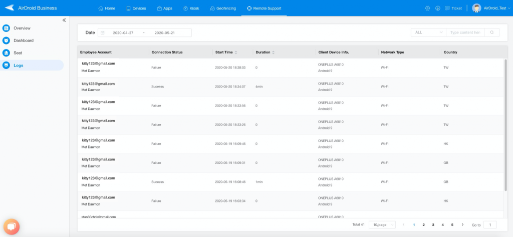 airdroid remote support service logs