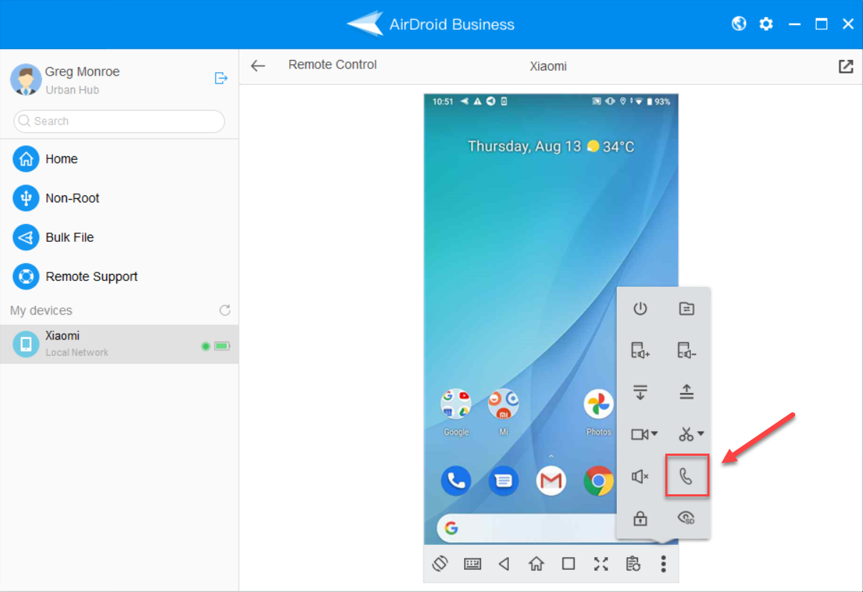 initiate voice call during remote control in airdroid business