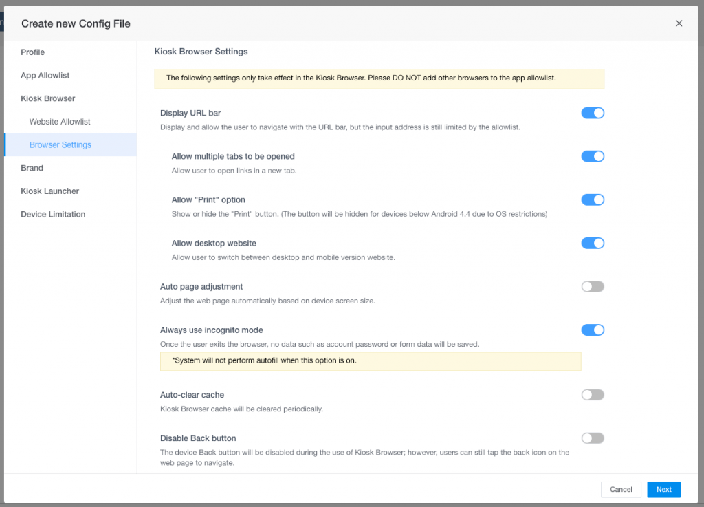 android kiosk mode browser setting