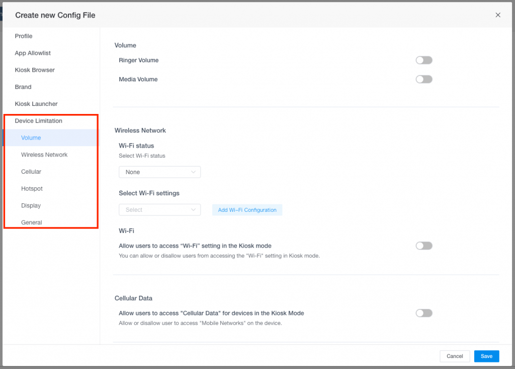 android kiosk mode device wifi setting